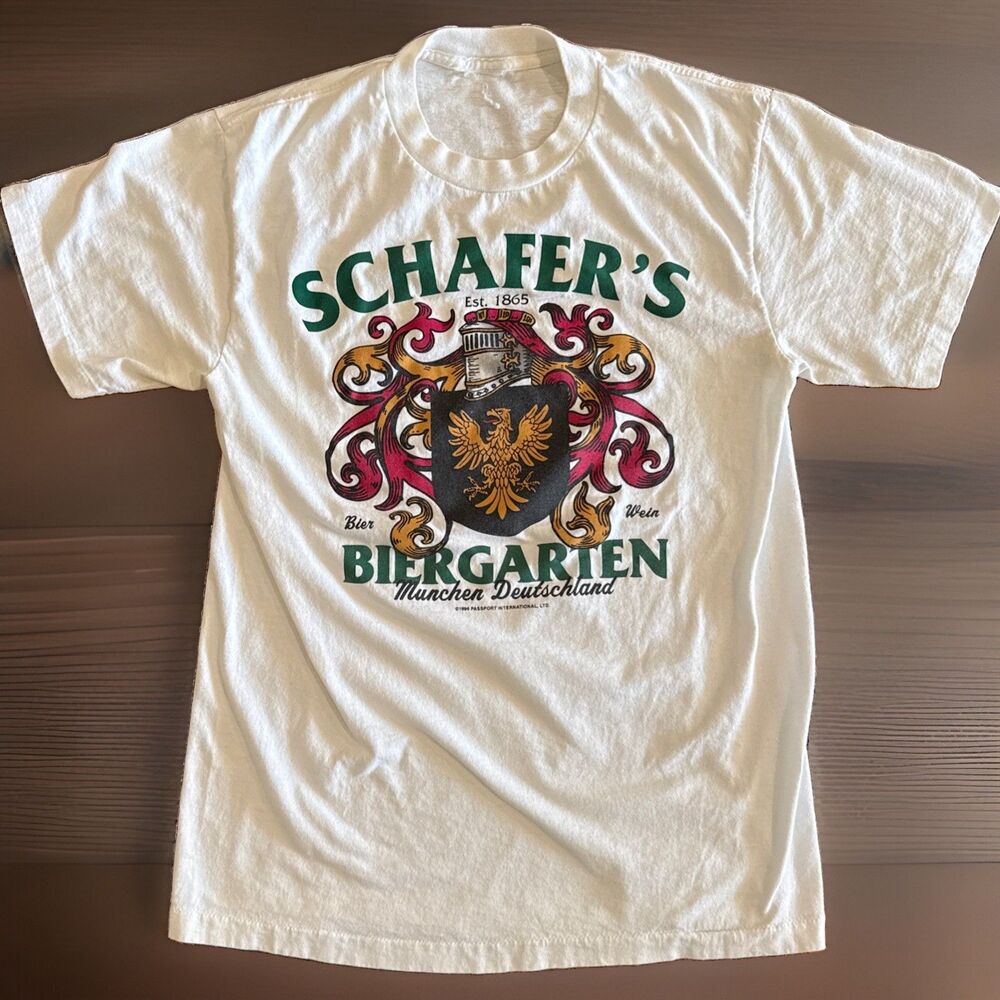 Schafers Biergarten Munich T Shirt Size M/L* Cream Vintage Good Used Condition